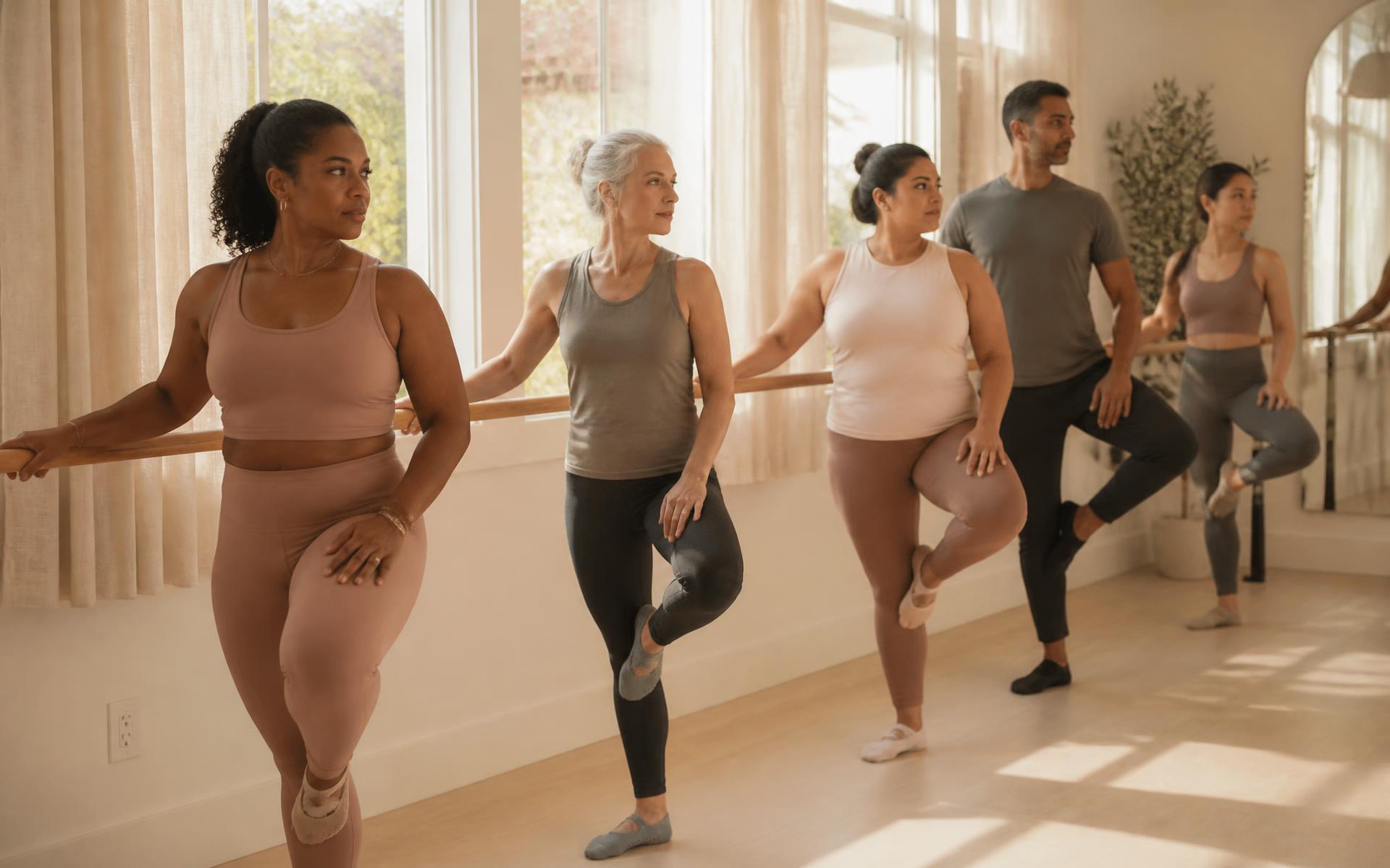A diverse group of adults of different ages and body types taking a barre class at BARRE4U